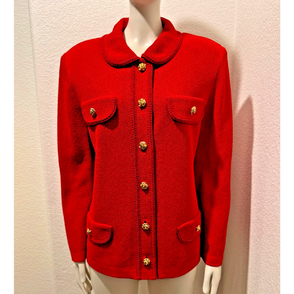 Vintage Castleberry Knit Red Cardigan Sweater Jacket Gold Chunky Buttons Sz 14 - Picture 1 of 10